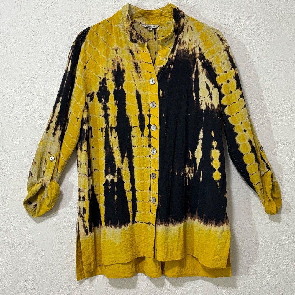 John Mark Tunic Top Women Medium Yellow Black Tie Dye Button Down Roll Tab